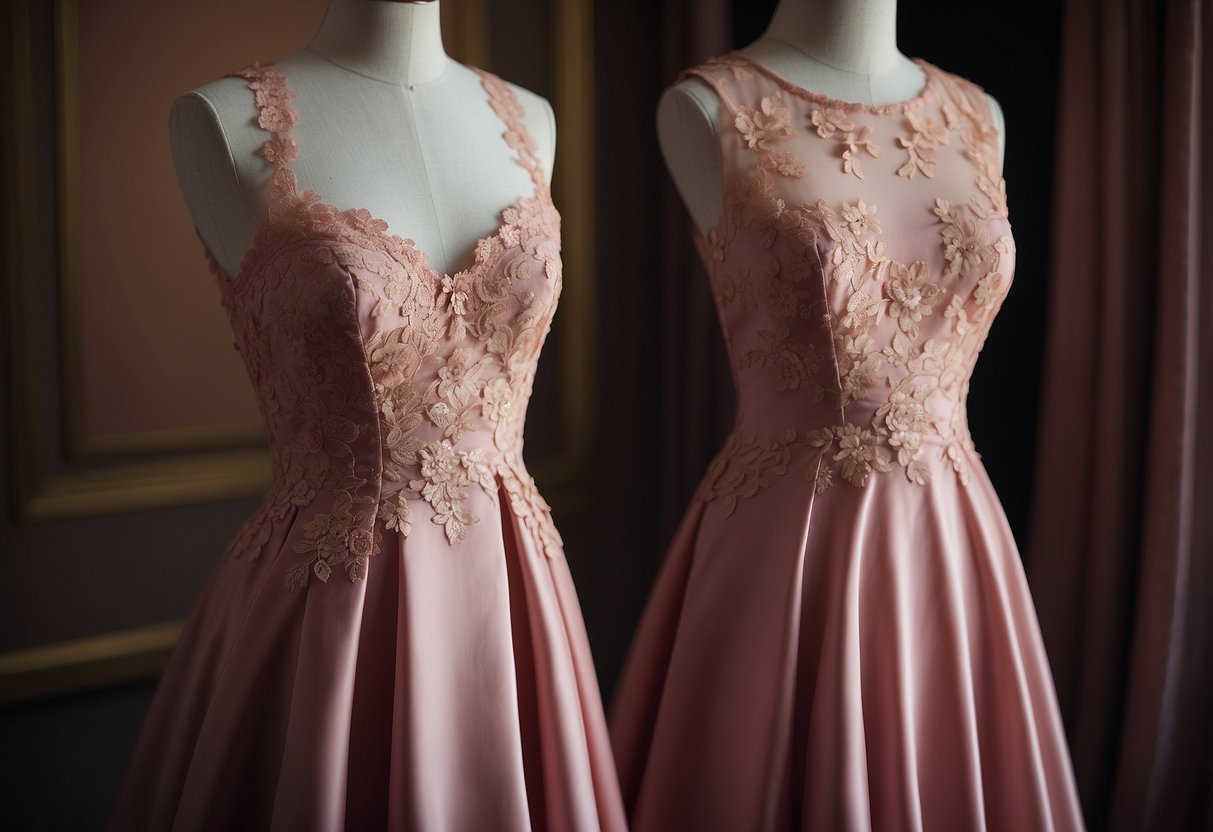 Two elegant dresses in dusty rose, one with delicate lace and the other with a sleek satin finish, hanging side by side