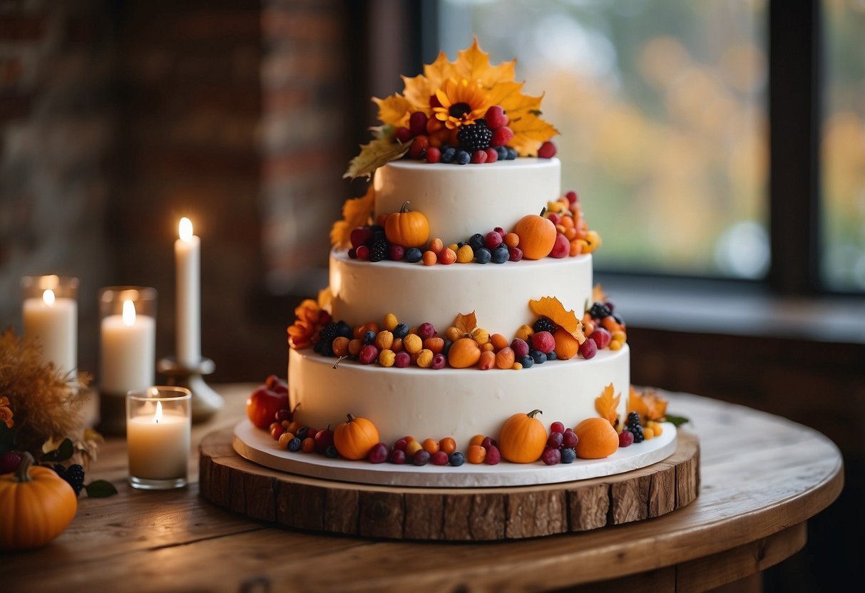 An elegant tiered wedding cake adorned with autumn leaves, berries, and delicate flowers, set against a backdrop of warm, rustic colors and natural textures