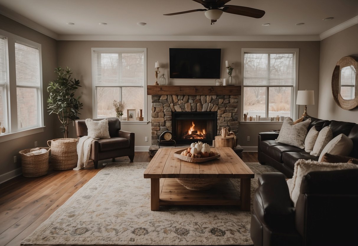 A cozy living room with a crackling fireplace, family photos on the wall, and a large dining table set for a warm family dinner