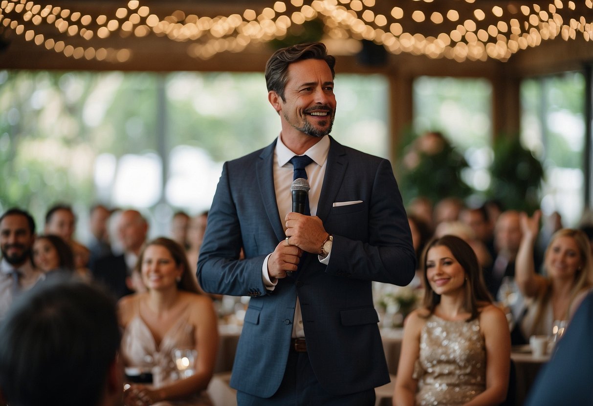 A man stands confidently, gesturing with enthusiasm as he speaks about his brother's kindness, humor, and loyalty at a wedding reception