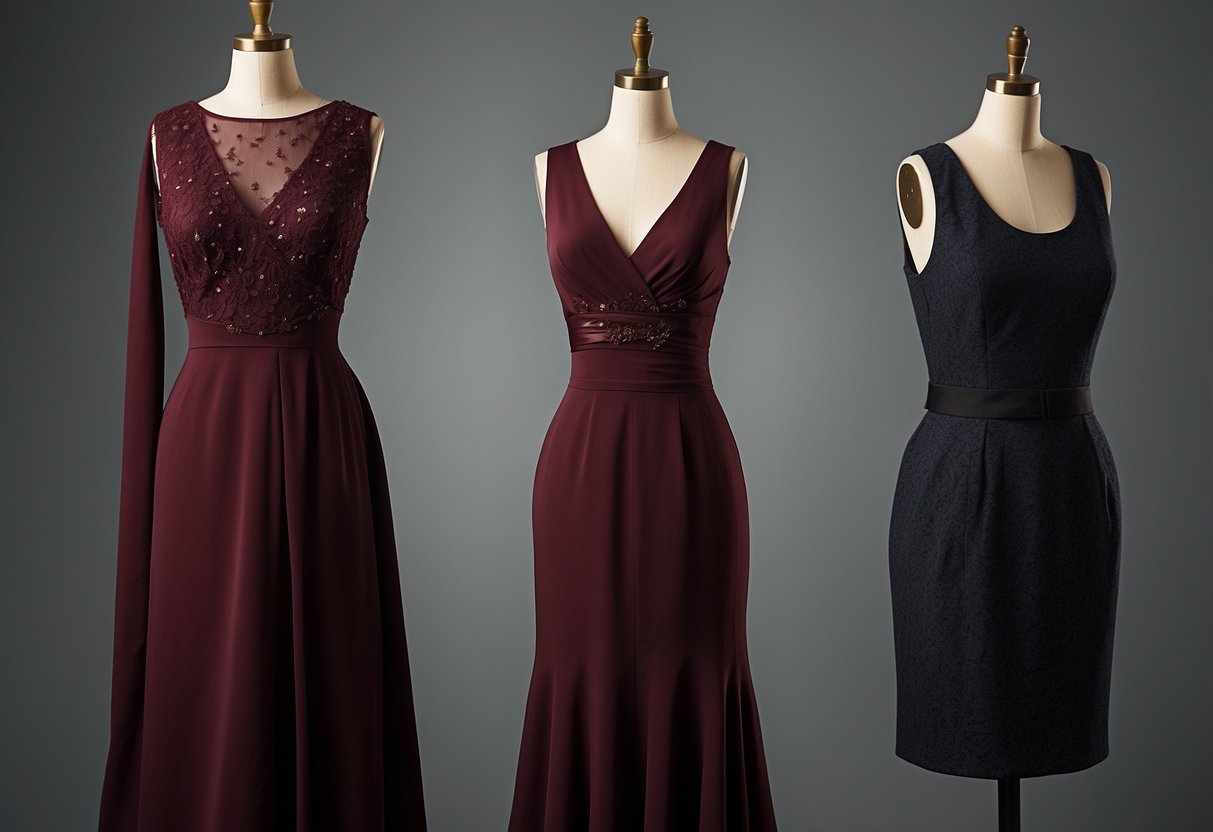 Two elegant burgundy dresses hang side by side, one slightly darker than the other. Rich fabric and delicate details exude sophistication