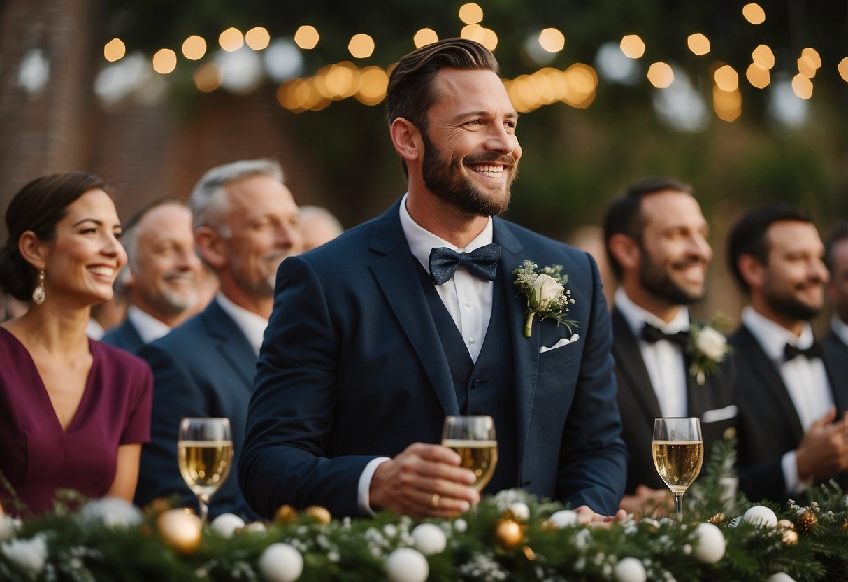 Guests clapping, smiling, and raising their glasses in a festive atmosphere. The groom's brother stands at the podium, expressing gratitude for everyone's presence