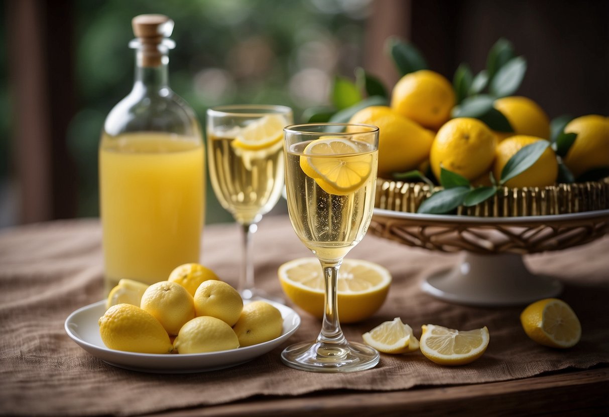 A table adorned with elegant Italian wedding favors: mini bottles of limoncello, handmade chocolates, and delicate ceramic trinkets