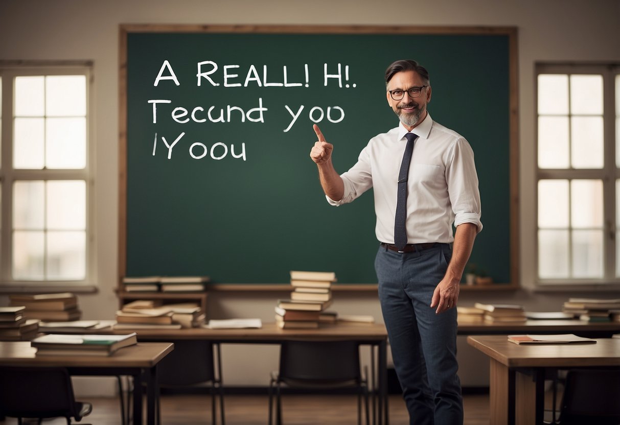 A teacher pointing to a chalkboard with "Recall a Lesson He Taught You" written on it, surrounded by books and educational materials