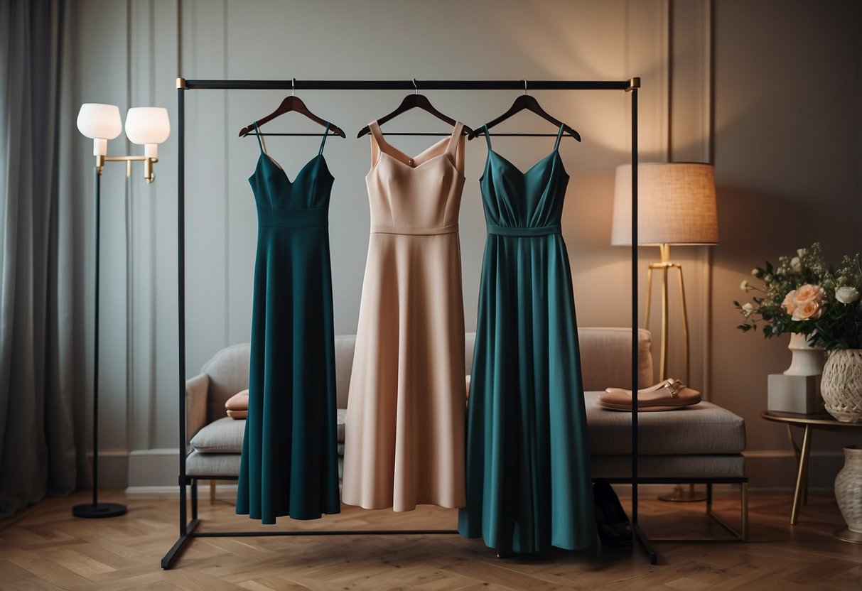 Two elegant dresses in matching colors hang on a rack, surrounded by accessories and shoes. A color swatch is held up to compare shades