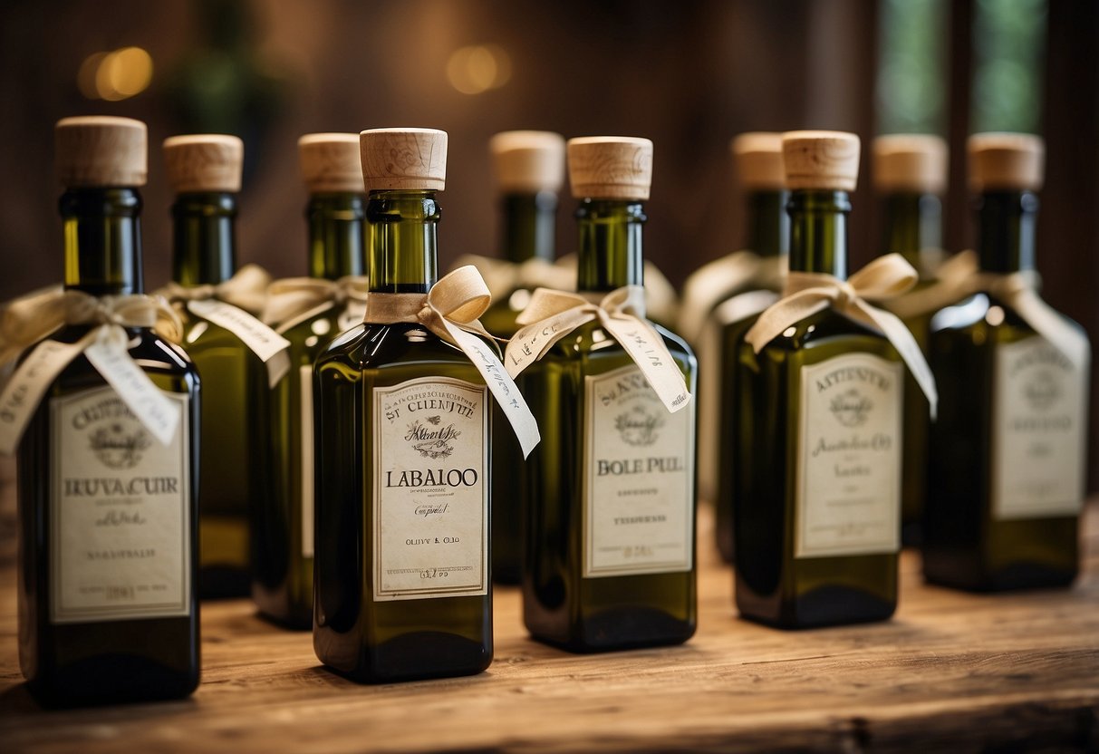 A rustic table displays personalized olive oil bottles, adorned with elegant labels, as Italian wedding favors