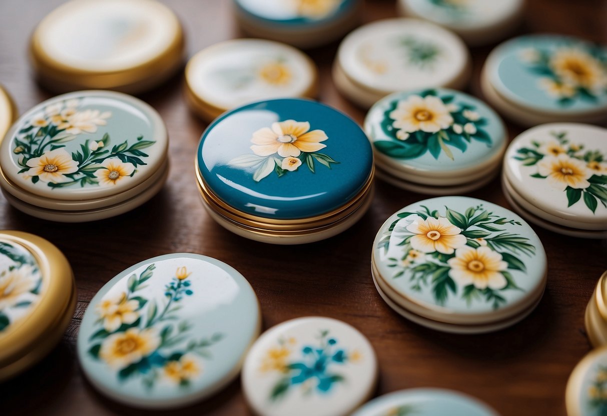 A table adorned with hand-painted ceramic magnets, featuring Italian wedding favor designs