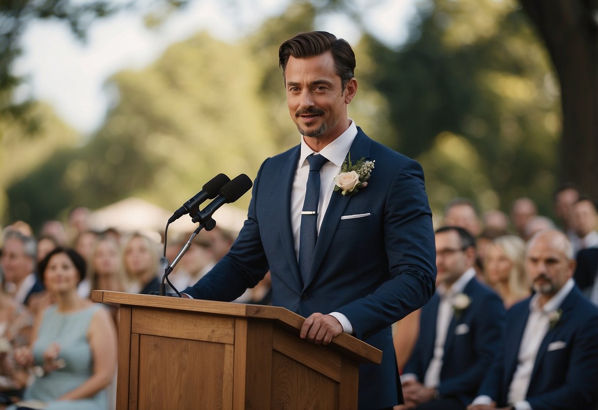 A man stands at a podium, his eyes glistening with emotion as he delivers a heartfelt wedding speech for his brother, his words filled with love and nostalgia