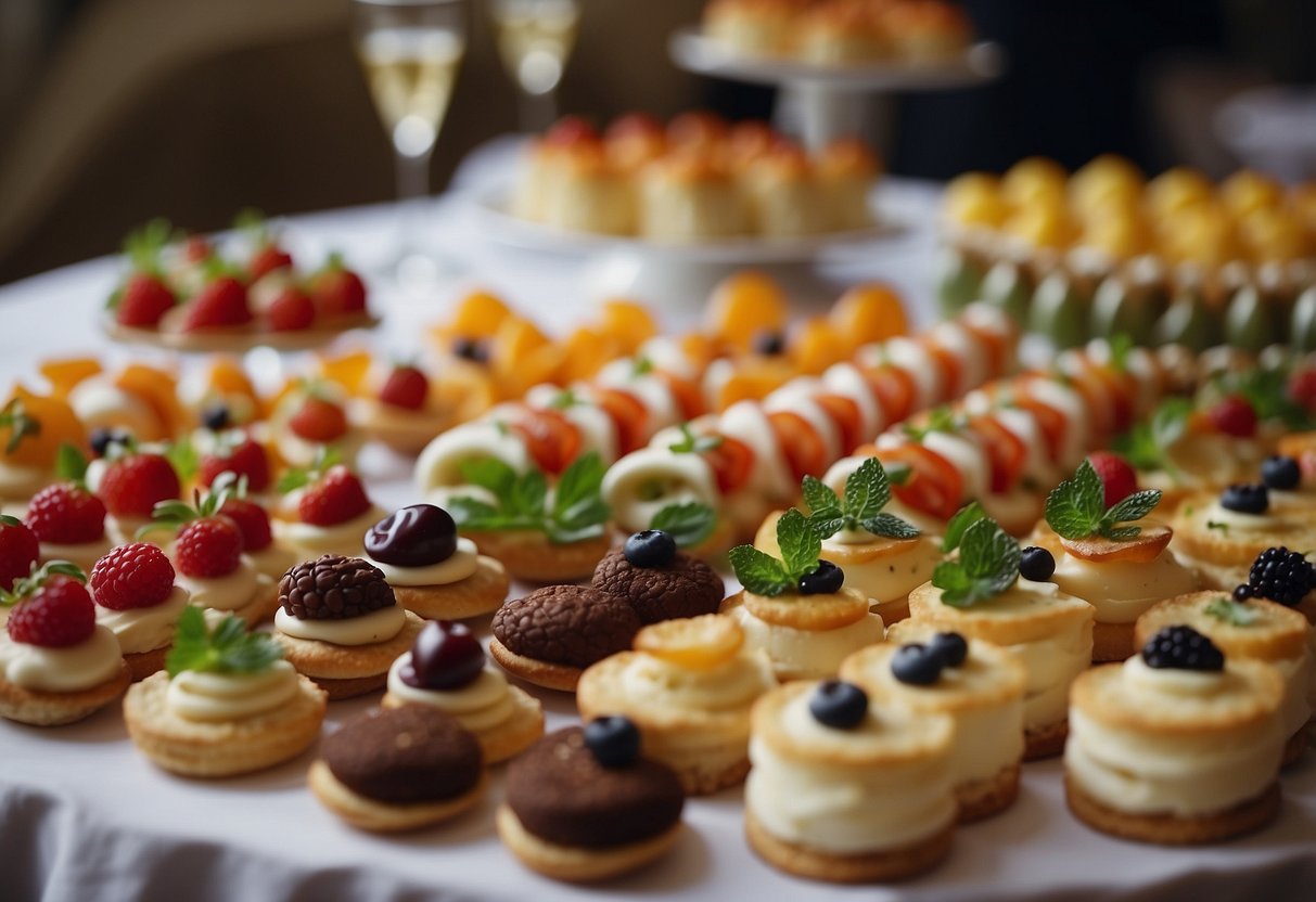 A variety of elegant finger foods and desserts arranged on a decorated table at a wedding reception