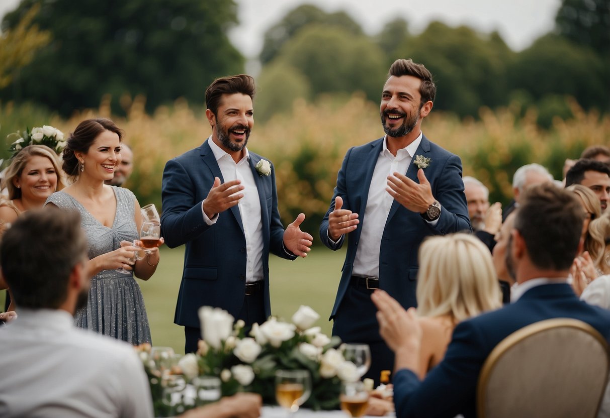 A confident man speaks at a wedding, gesturing with enthusiasm. A group of smiling guests listens attentively