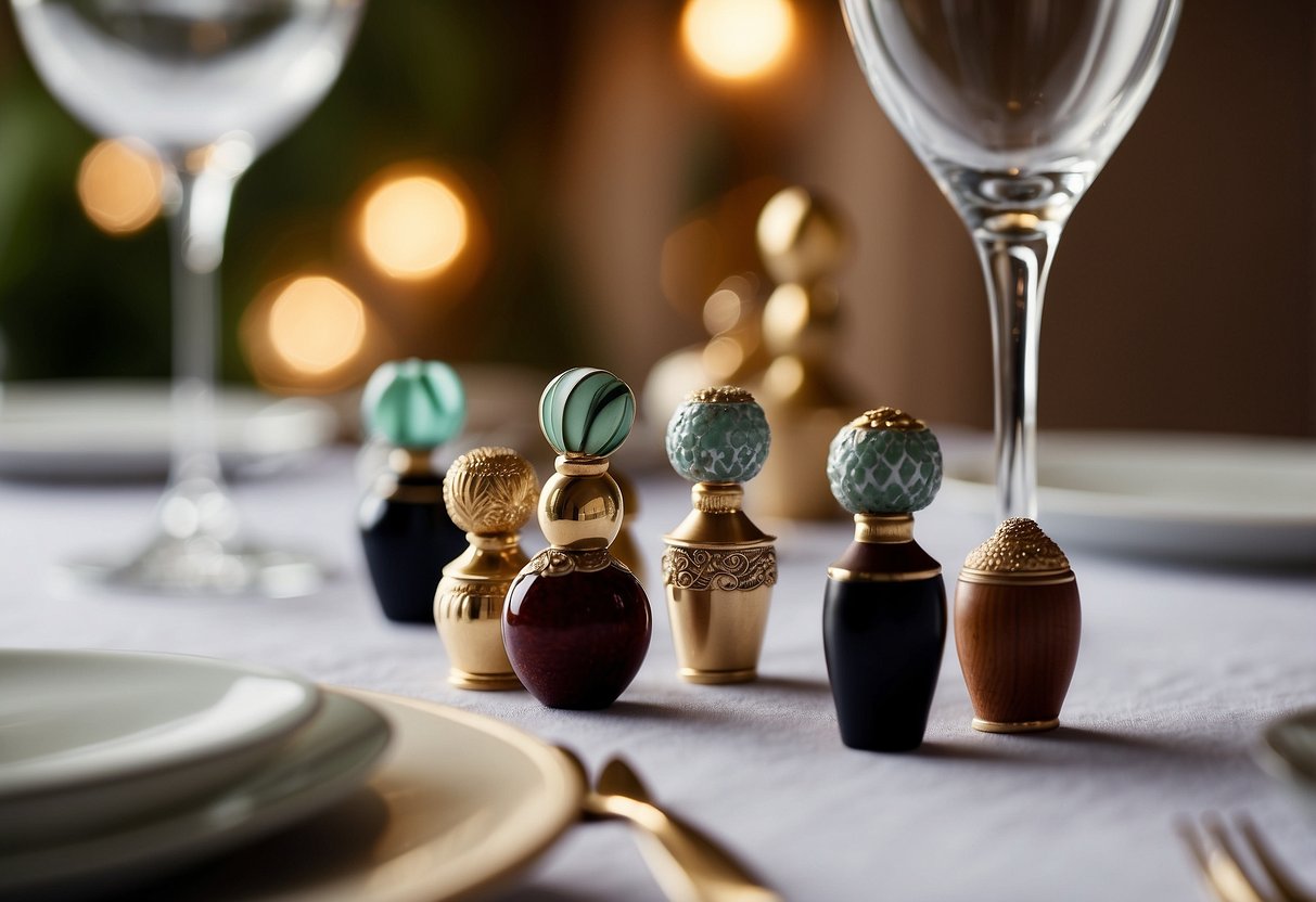 A table set with elegant wine stoppers, adorned with Italian wedding motifs and colors, displayed as unique and thoughtful favors