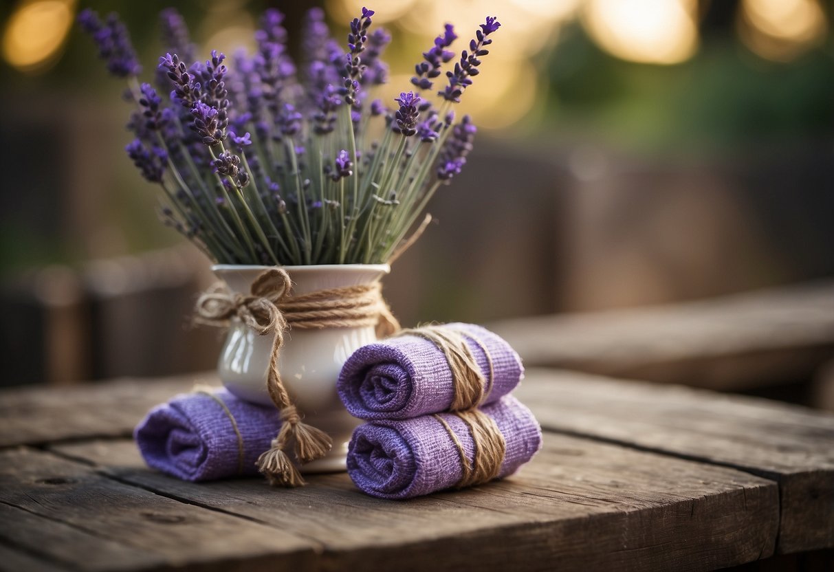 A table adorned with lavender sachets, tied with rustic twine, and arranged in a charming display