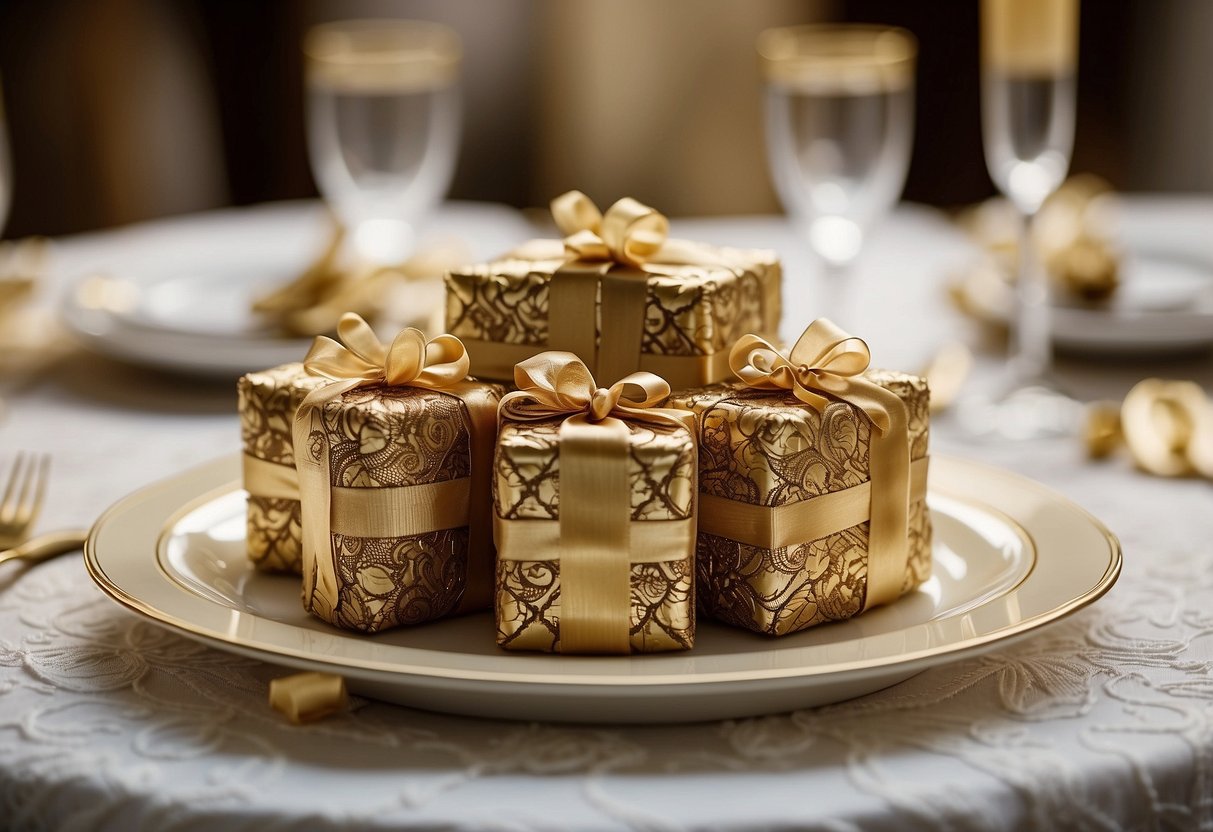 A table adorned with gold-wrapped chocolate dragees, surrounded by delicate lace and ribbon details, evoking an elegant and traditional Italian wedding favor display