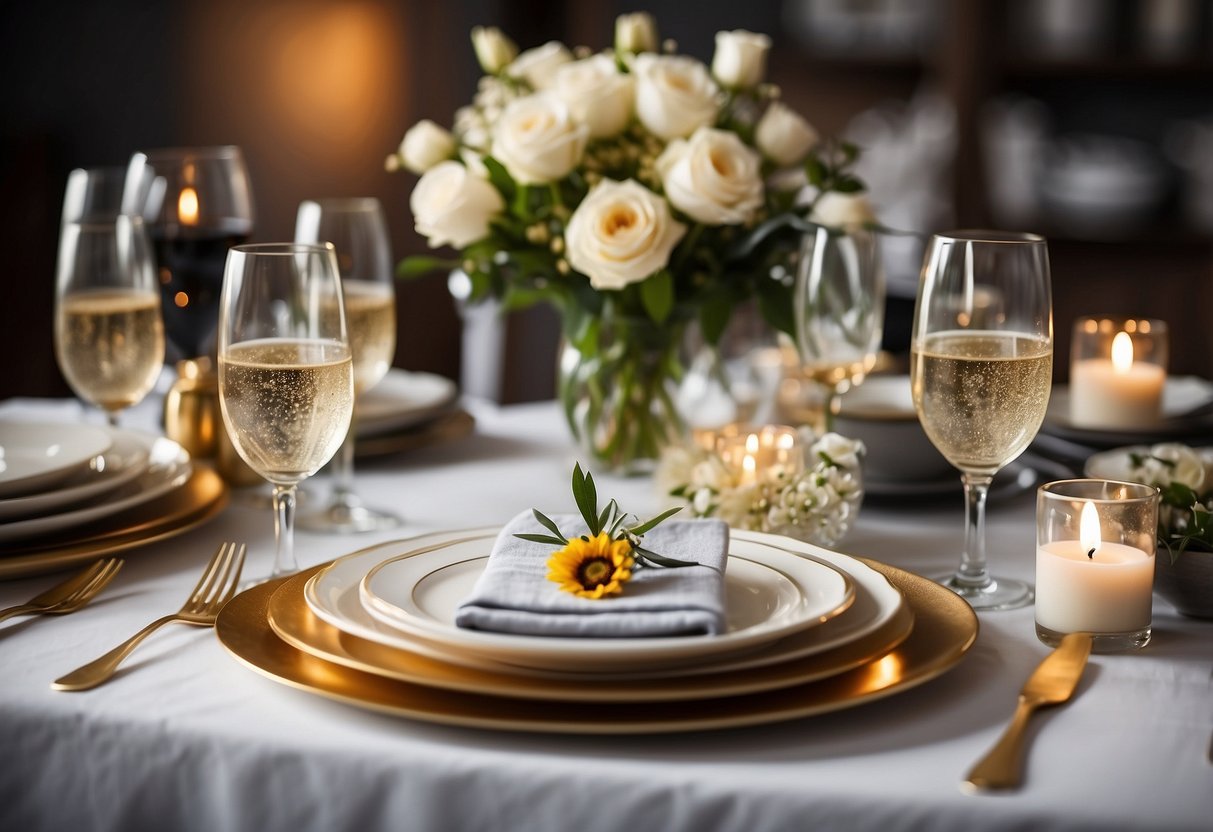 A table set with elegant dinnerware and a centerpiece of fresh flowers, surrounded by family photos and a "60th Anniversary" banner