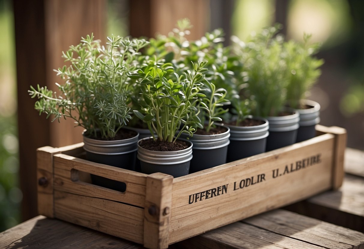 Miniature potted herbs arranged in a rustic wooden crate, with small tags or ribbons attached as Italian wedding favors