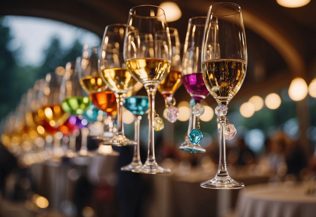 Colorful wine glass charms hang from elegant stemware at an Italian wedding reception