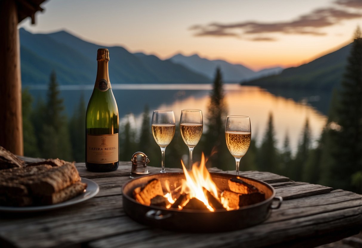 A cozy cabin nestled in the mountains, with a crackling fireplace, a bottle of champagne on ice, and a breathtaking view of the sunset over the lake