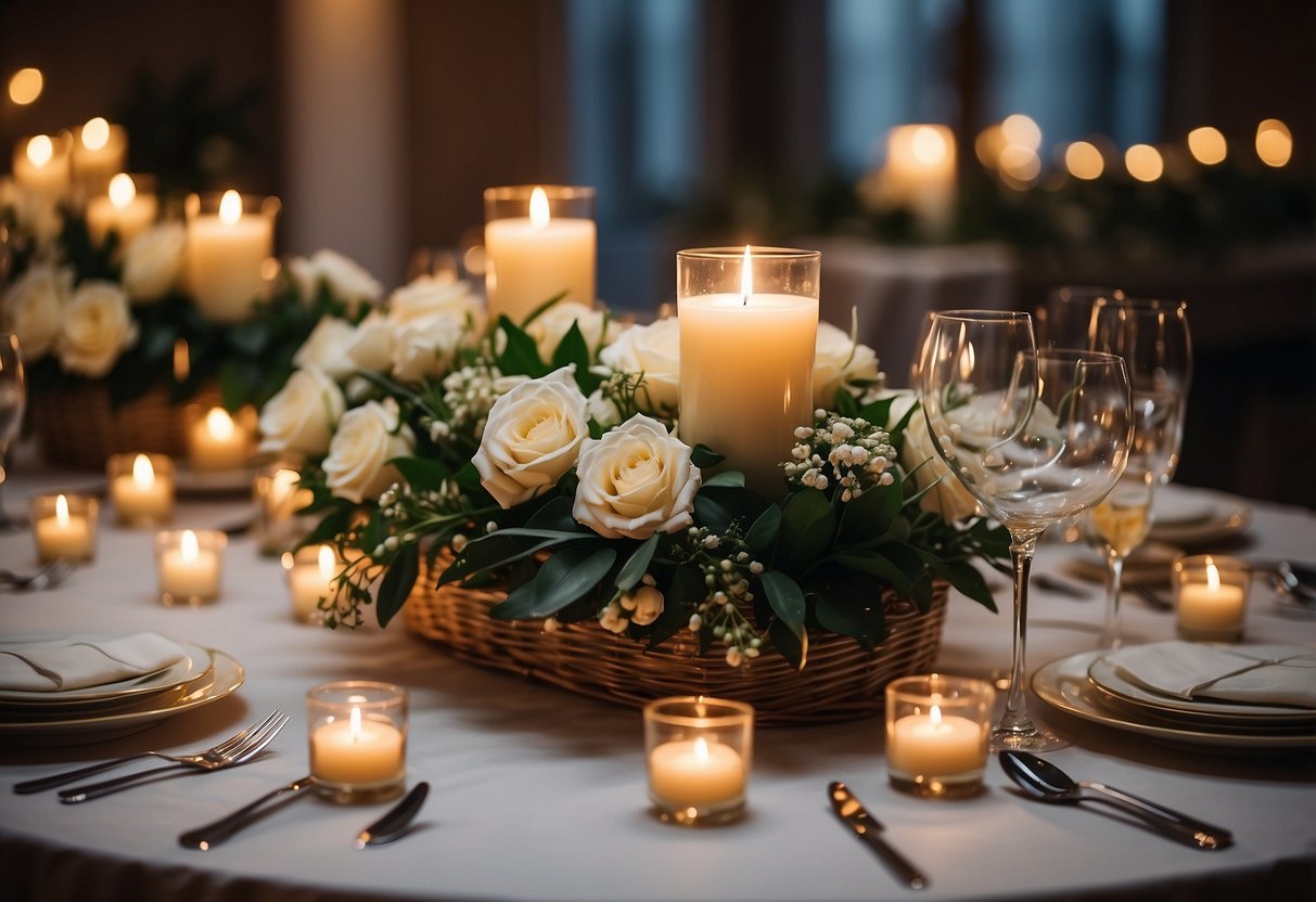 A table adorned with Italian soap favors, surrounded by elegant floral arrangements and soft candlelight