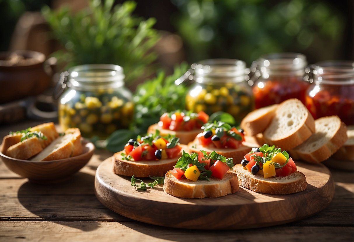 A rustic wooden table adorned with colorful plates of homemade bruschetta, surrounded by jars of fresh herbs and baskets of crusty bread