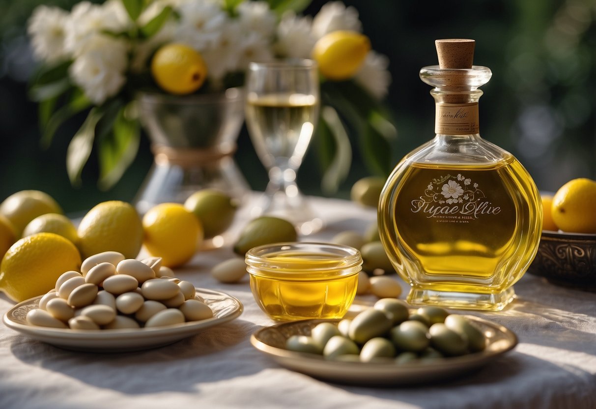 A table adorned with traditional Italian wedding favors, including sugared almonds, miniature bottles of limoncello, and decorative olive oil bottles