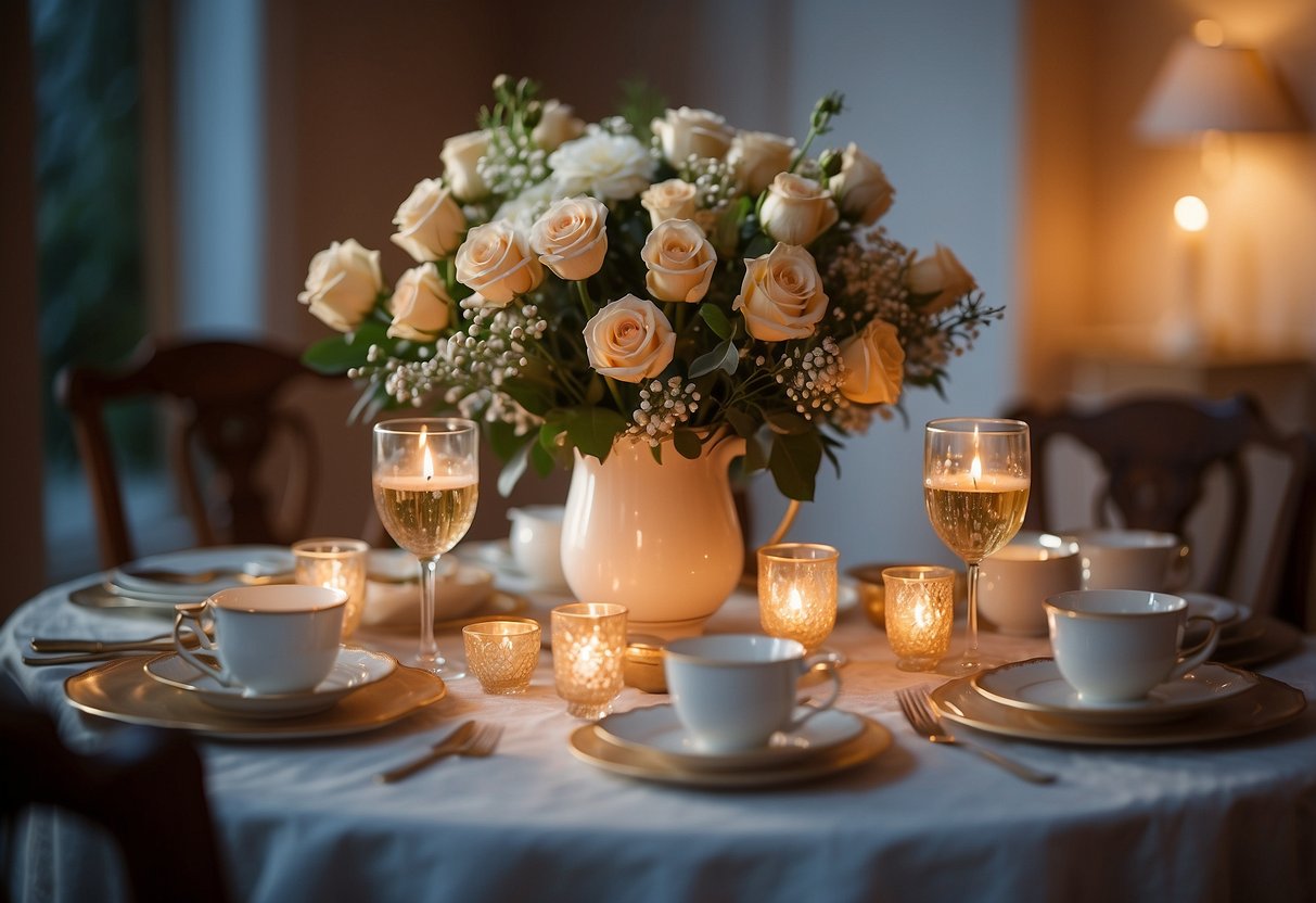 A table set with fine china and a bouquet of flowers, bathed in the warm glow of candlelight, creating a romantic ambiance for a 60th wedding anniversary celebration at home