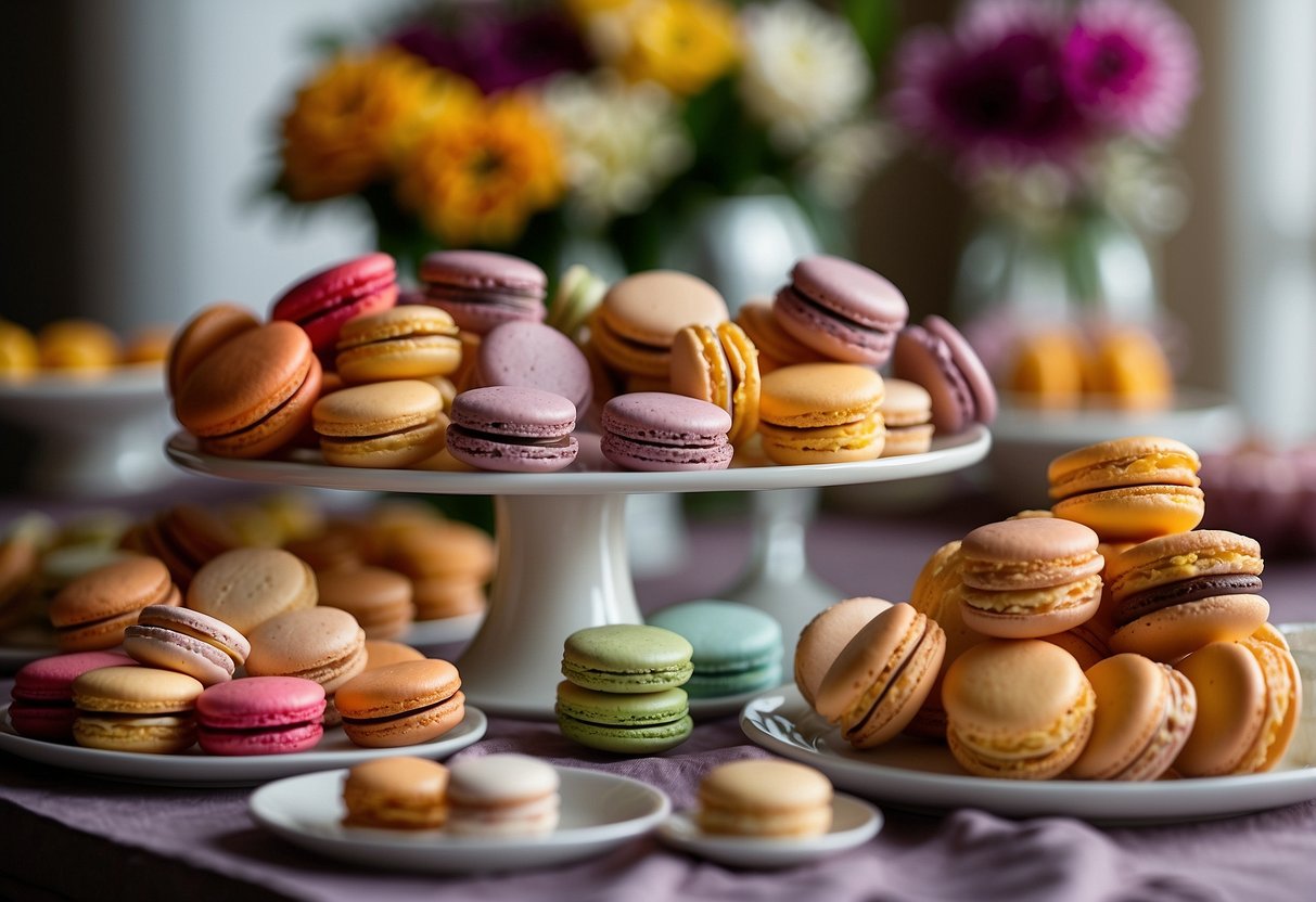 A variety of colorful macarons arranged on a decorative table with floral accents and elegant serving platters