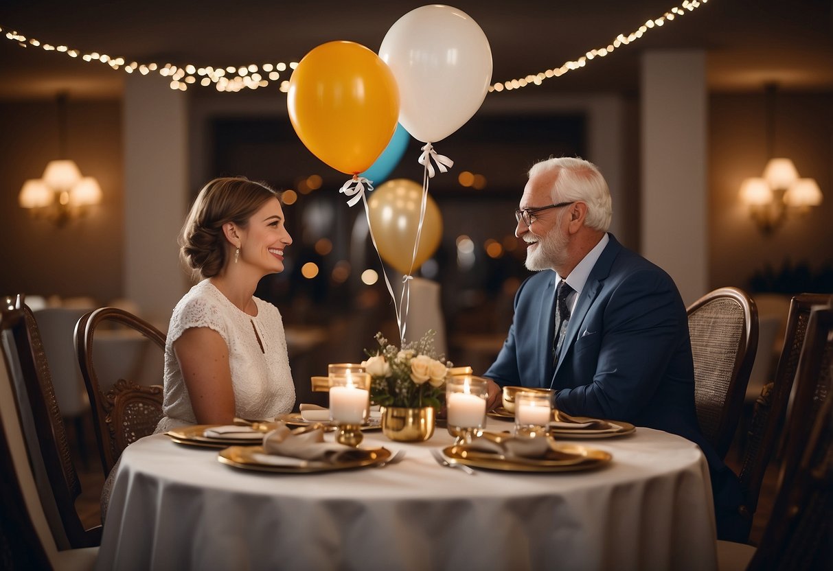 A couple sits at a beautifully set table, surrounded by family and friends, with a large "60" balloon and a banner that reads "Renew Your Vows 60th Anniversary."