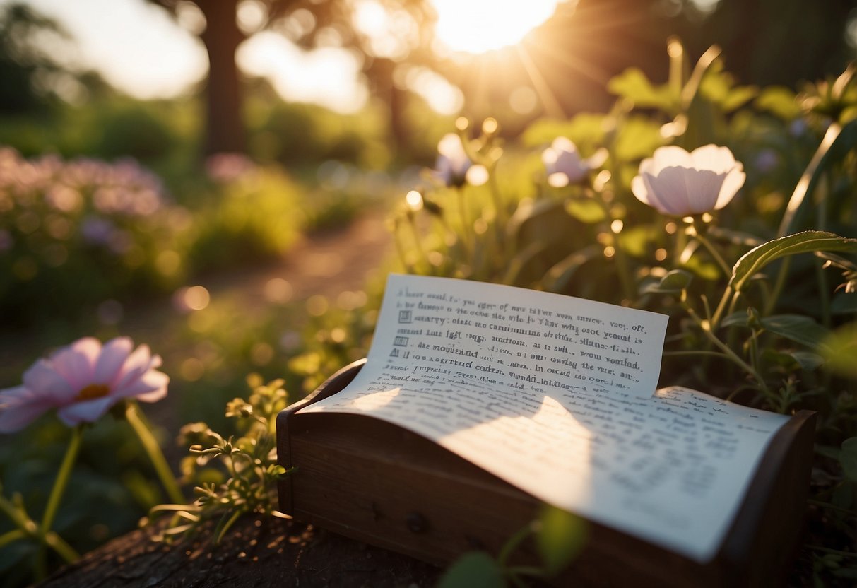 A trail of love notes leads through a garden, ending at a hidden treasure box. The setting sun casts a warm glow over the scene