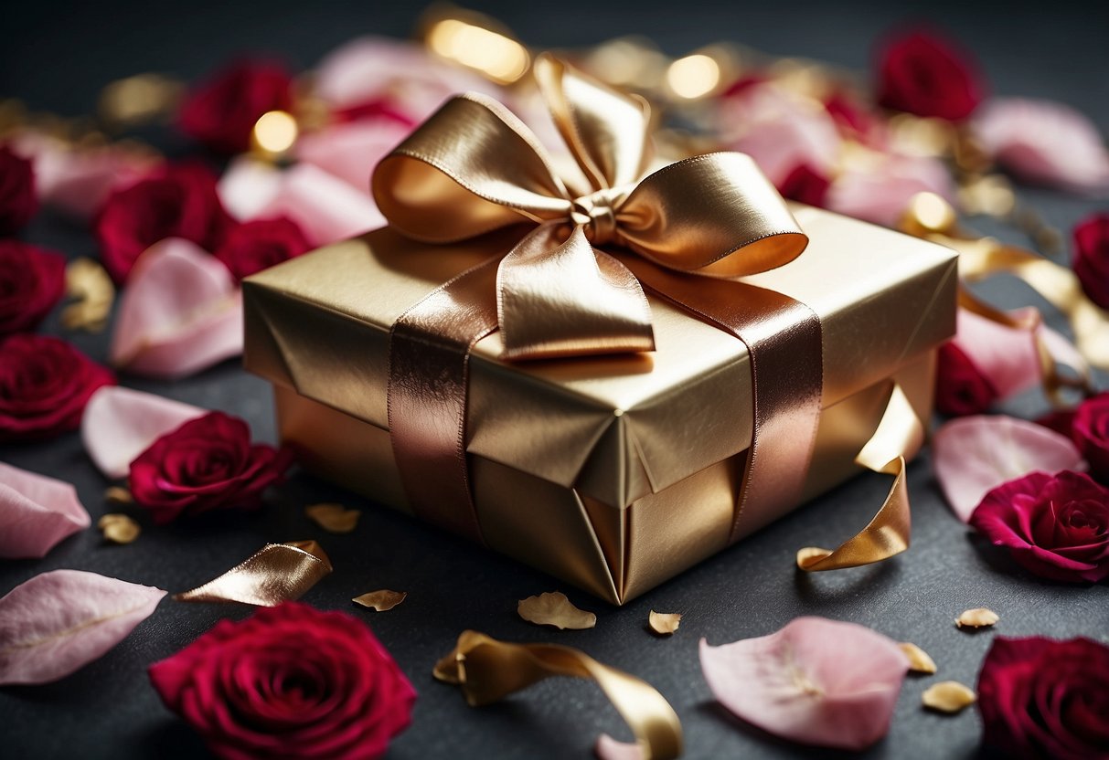 A beautifully wrapped gift box with a ribbon and bow, surrounded by scattered rose petals and confetti