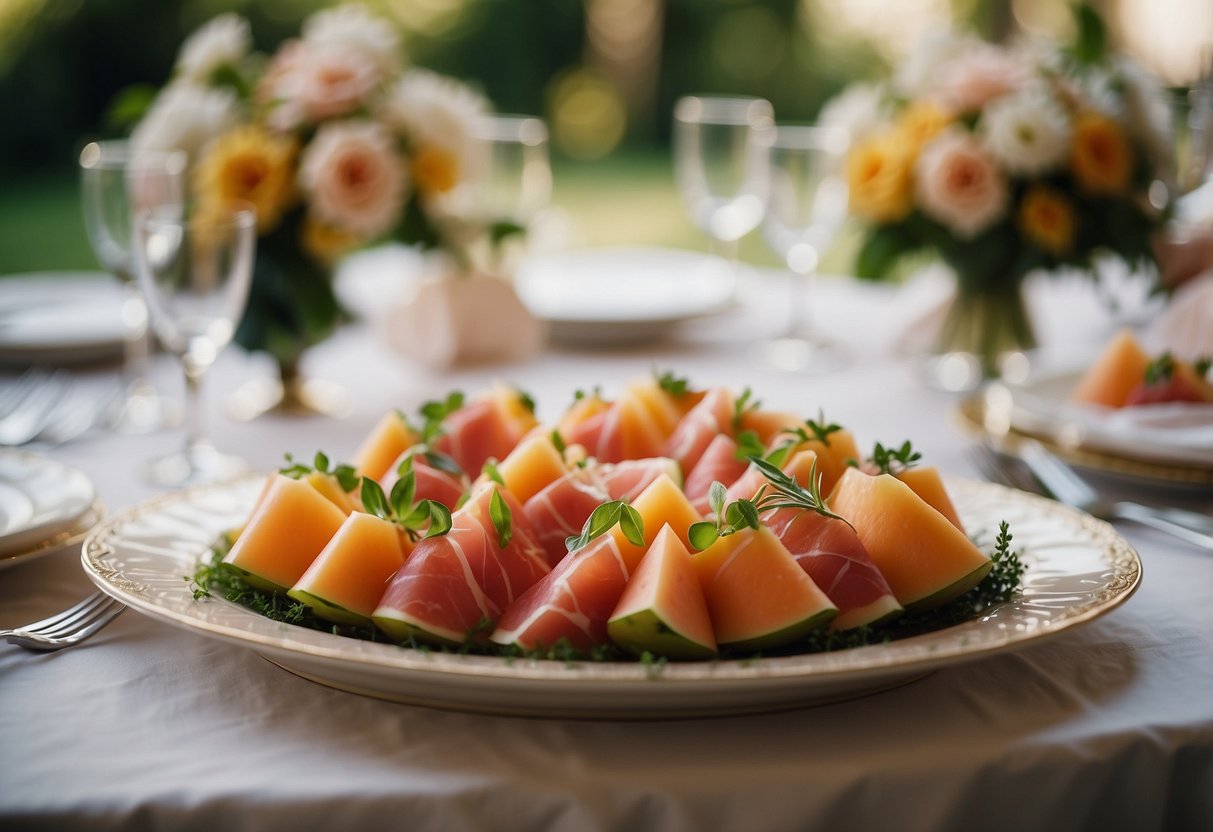 A table adorned with prosciutto-wrapped melon slices, surrounded by elegant wedding decor and floral arrangements