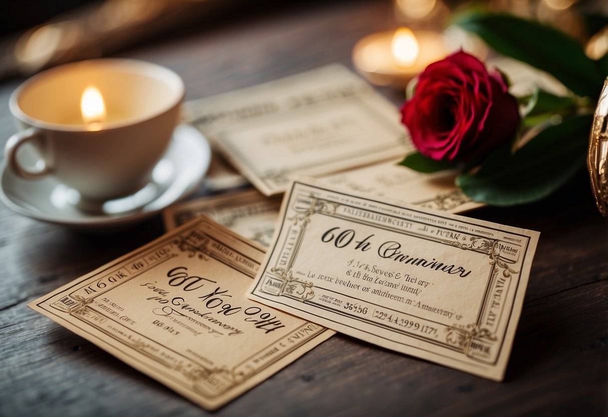 Two concert tickets surrounded by decorative elements, with "60th wedding anniversary" written in elegant script