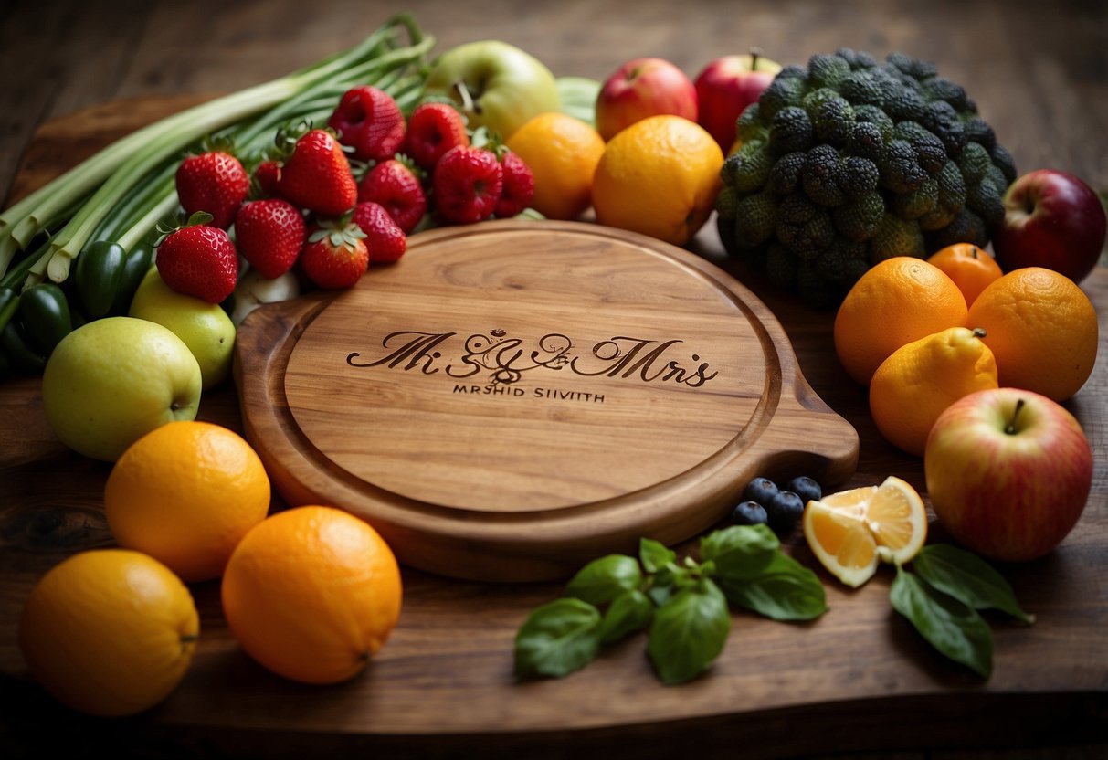 A wooden cutting board with "Mr. & Mrs. Smith" engraved on it, surrounded by fresh fruits and vegetables