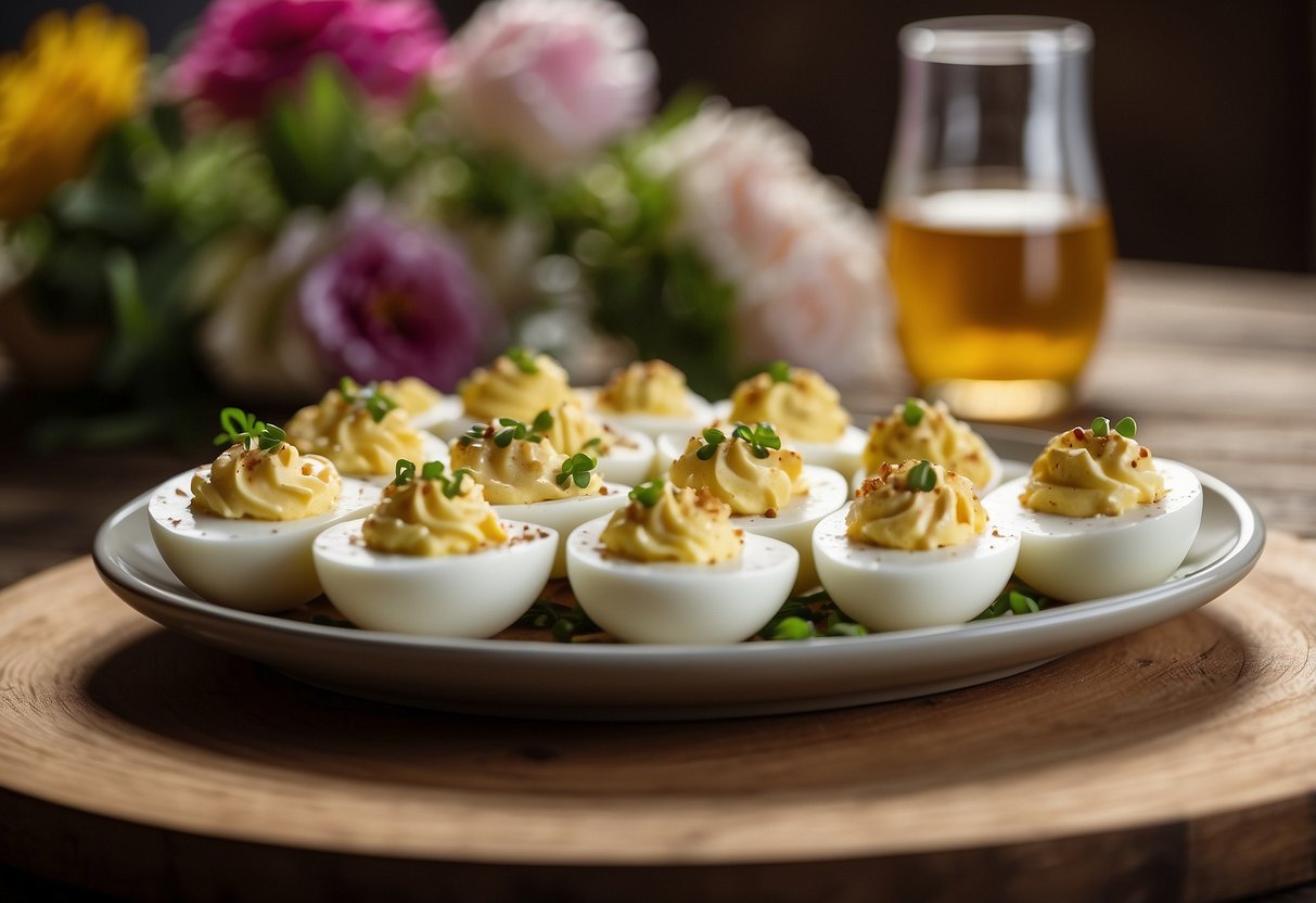 A platter of deviled eggs with unique toppings sits on a rustic wooden table, surrounded by elegant glassware and floral arrangements