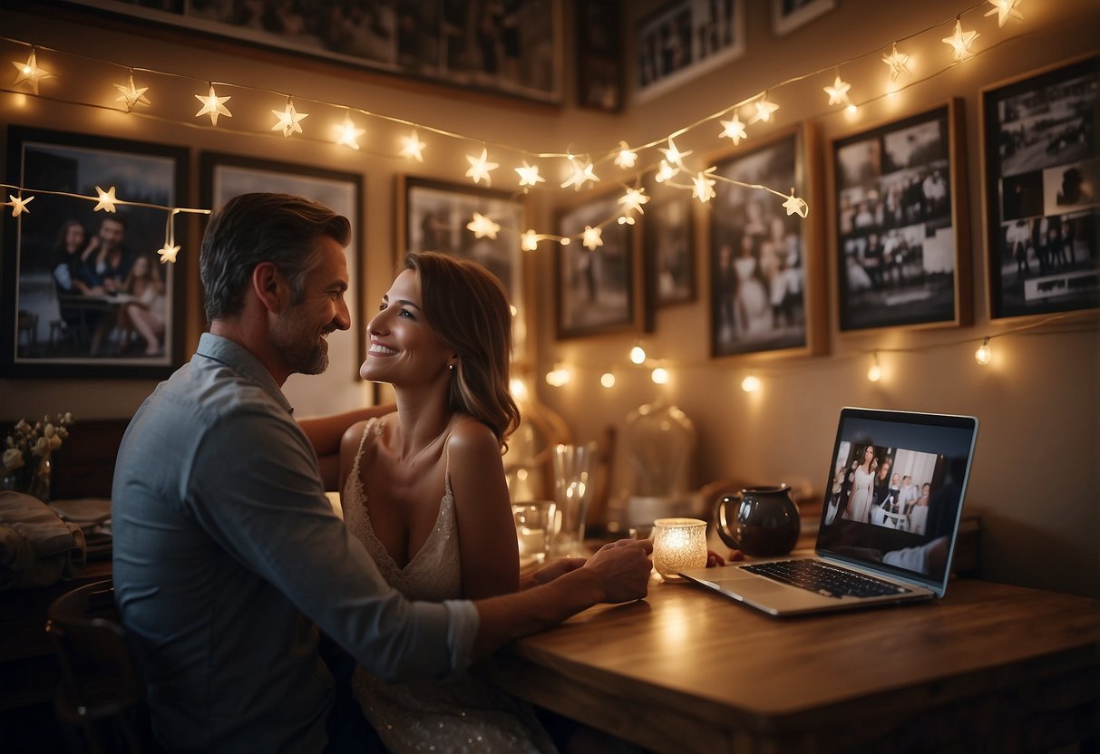 A couple sitting at a table, surrounded by family photos and memorabilia. A custom star map of their wedding night hangs on the wall, illuminated by soft lighting