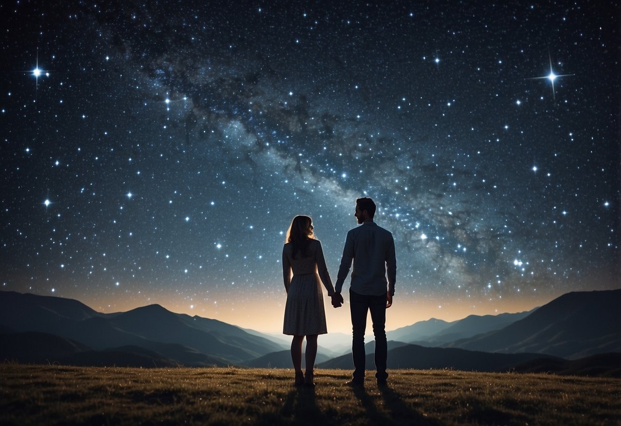 A couple stands under a starry night sky, gazing at a personalized star map that commemorates their second wedding anniversary. The map features constellations and a special date, creating a romantic and meaningful gift idea