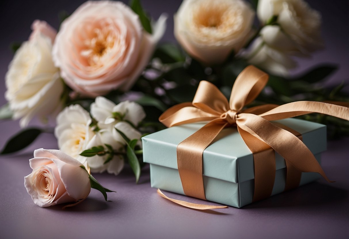 A beautifully wrapped gift box with a ribbon and a card, surrounded by elegant flowers and a tasteful backdrop