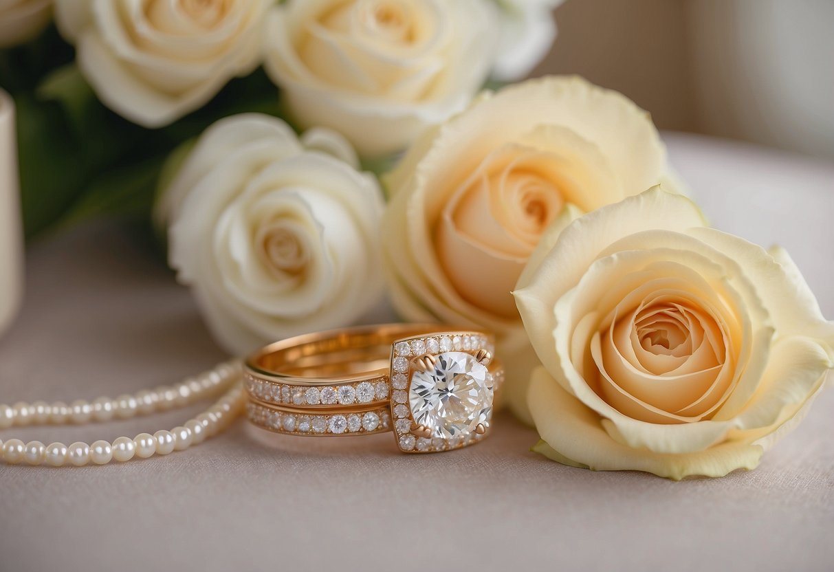 A beautifully decorated table with a sparkling diamond necklace and elegant pearl earrings. A vase of fresh flowers and a cake with "60th Anniversary" written in gold letters