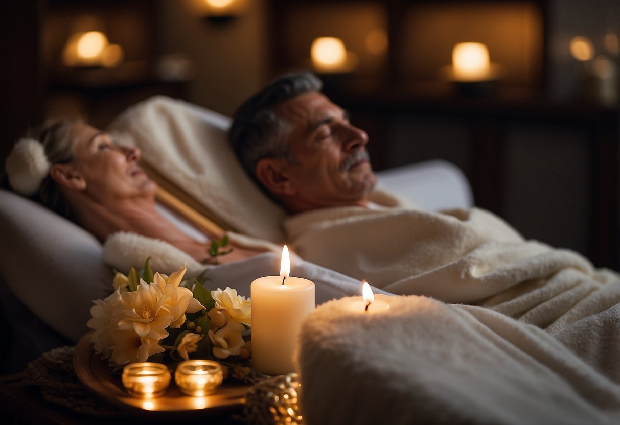 A serene spa scene with candles, soft lighting, and plush robes. A couple's 60th anniversary is celebrated with champagne and a relaxing couples massage