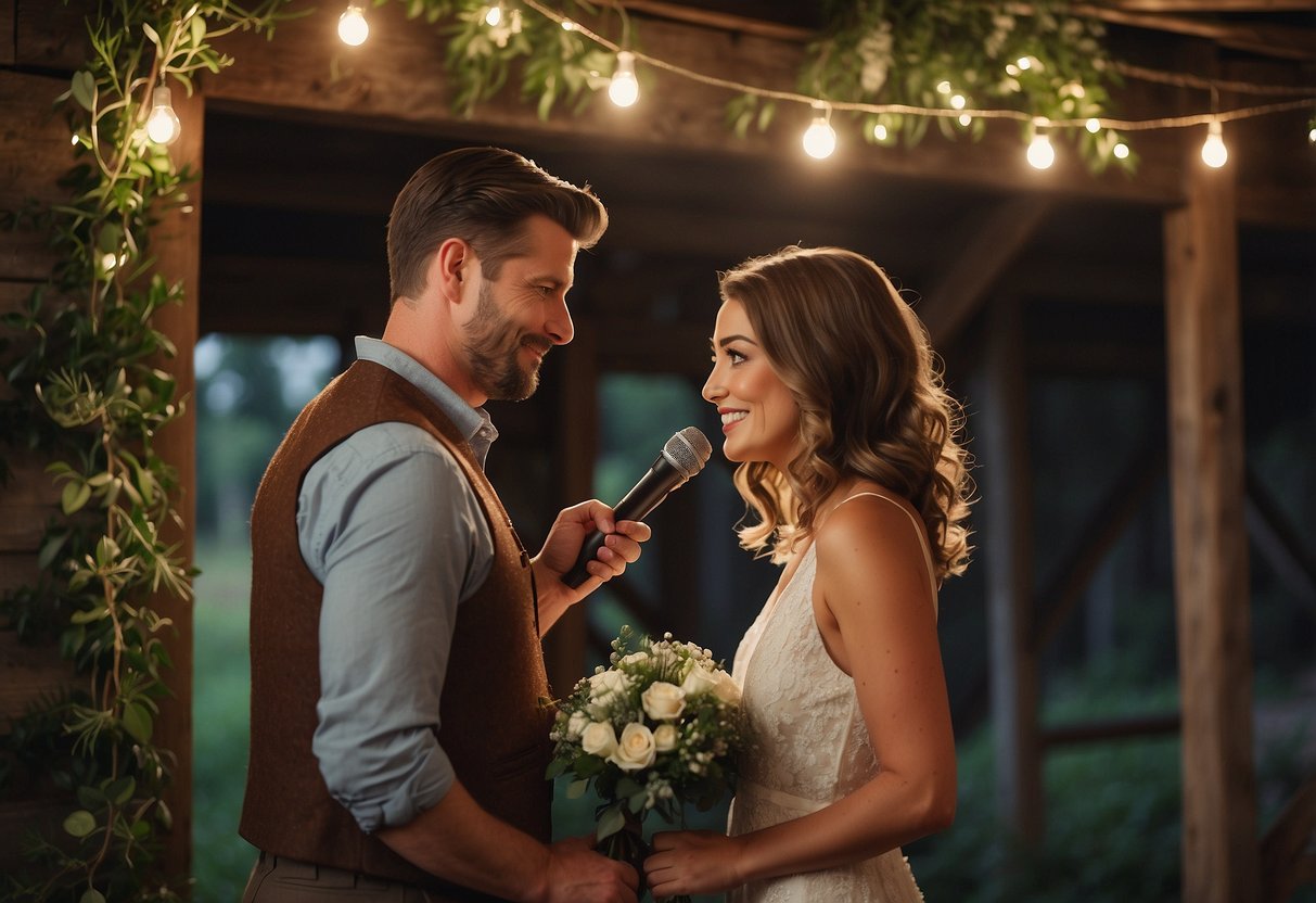 A couple standing at the front of a rustic barn, surrounded by twinkling lights and greenery. They hold vintage microphones and share heartfelt, personalized vows with their guests