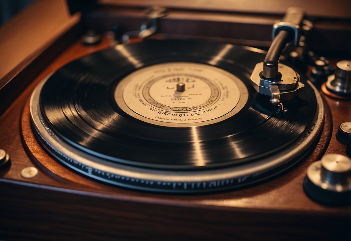 A couple's names engraved on a vintage record player, surrounded by musical notes and a heart-shaped melody, symbolizing 60 years of love and commitment