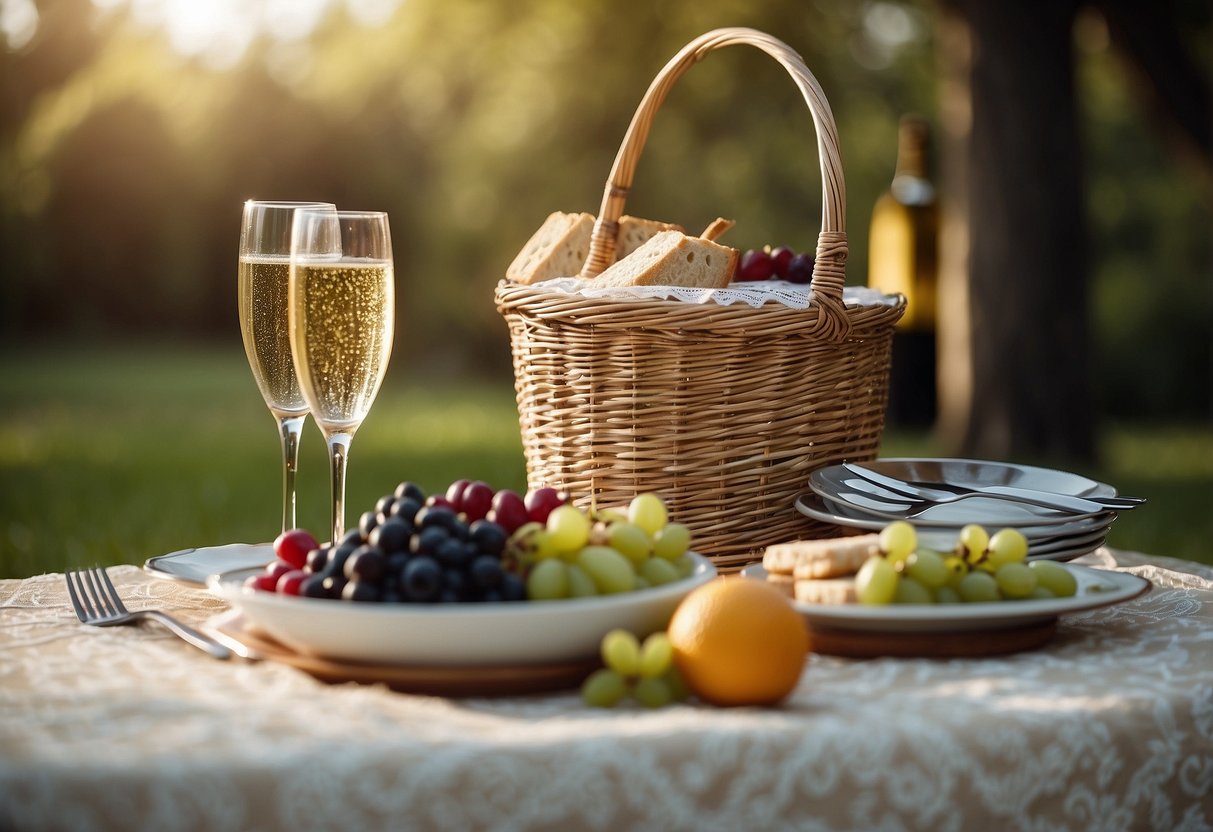 A lavish picnic set up with a white lace tablecloth, a wicker basket filled with gourmet foods, and a bottle of champagne chilling in a silver bucket