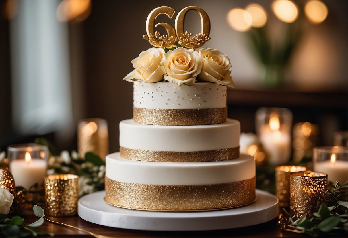 A tiered cake with gold accents, floral decorations, and a "60th Anniversary" topper. Surrounding the cake are framed photos of the couple throughout the years