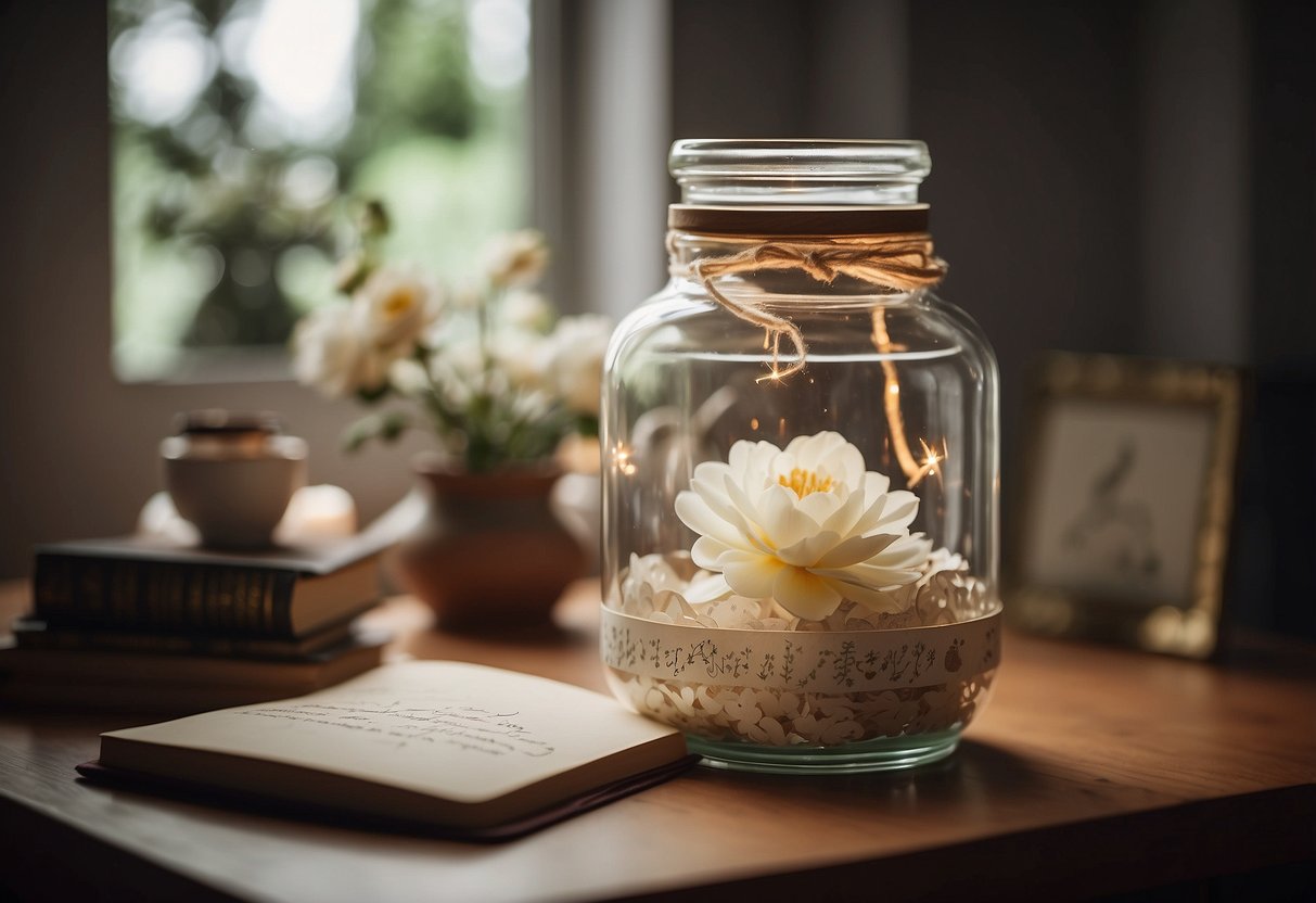 A glass jar filled with handwritten notes and small mementos, surrounded by soft lighting and delicate lace