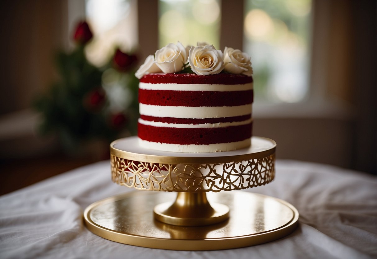 A three-tiered red velvet cake with cream cheese frosting, adorned with delicate white fondant flowers and gold accents, sits on a silver cake stand