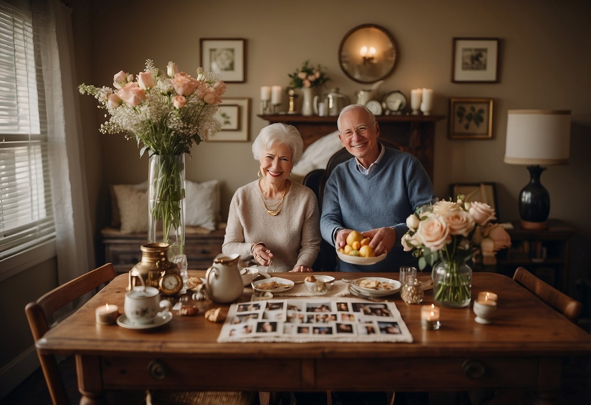 A couple hangs up photos, arranges flowers, and sets out family heirlooms in a cozy room for their 60th wedding anniversary