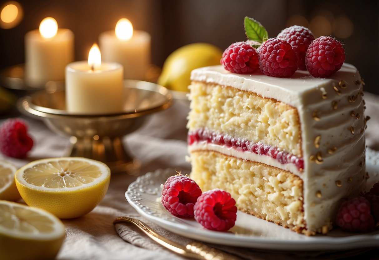 A three-tiered lemon raspberry cake adorned with delicate floral decorations and gold accents, set against a backdrop of soft candlelight and vintage lace tablecloth