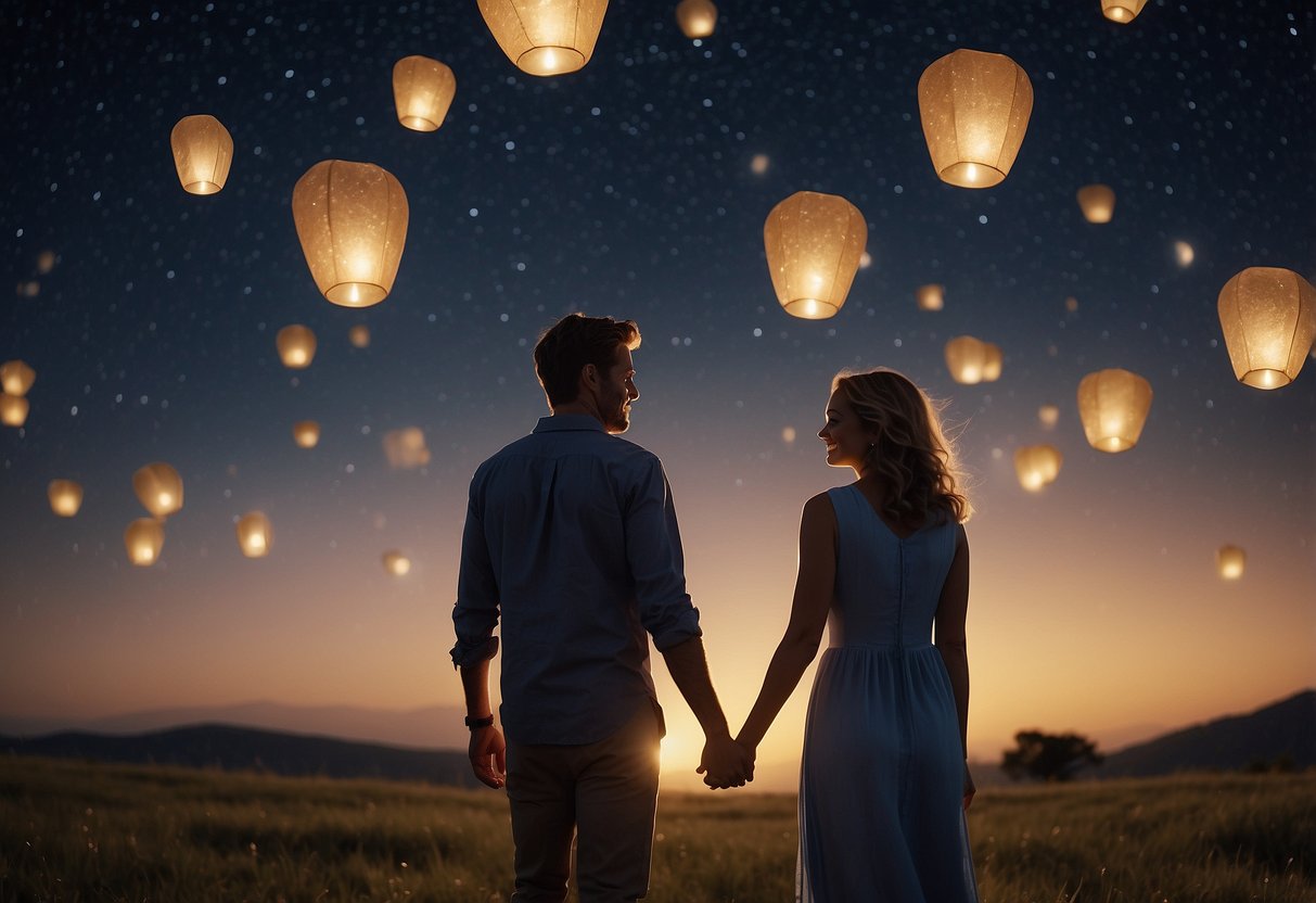 A couple stands under a starry night sky, surrounded by glowing lanterns. A speech bubble with a favorite song lyric floats above them