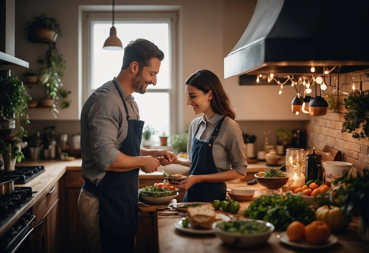 A couple prepares a special meal together, surrounded by anniversary decorations and a cozy kitchen ambiance