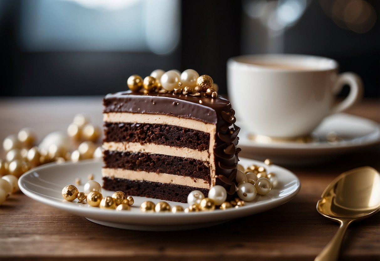 A decadent chocolate fudge cake adorned with rich ganache, topped with delicate gold accents and surrounded by shimmering edible pearls