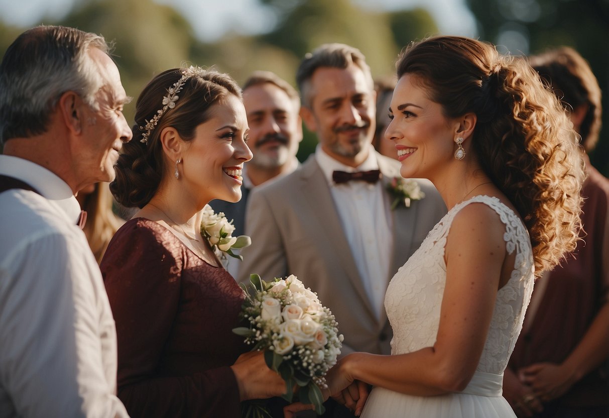 A couple stands together, surrounded by loved ones, as they listen to a unique marriage blessing. The atmosphere is warm and joyful, with a sense of love and celebration in the air